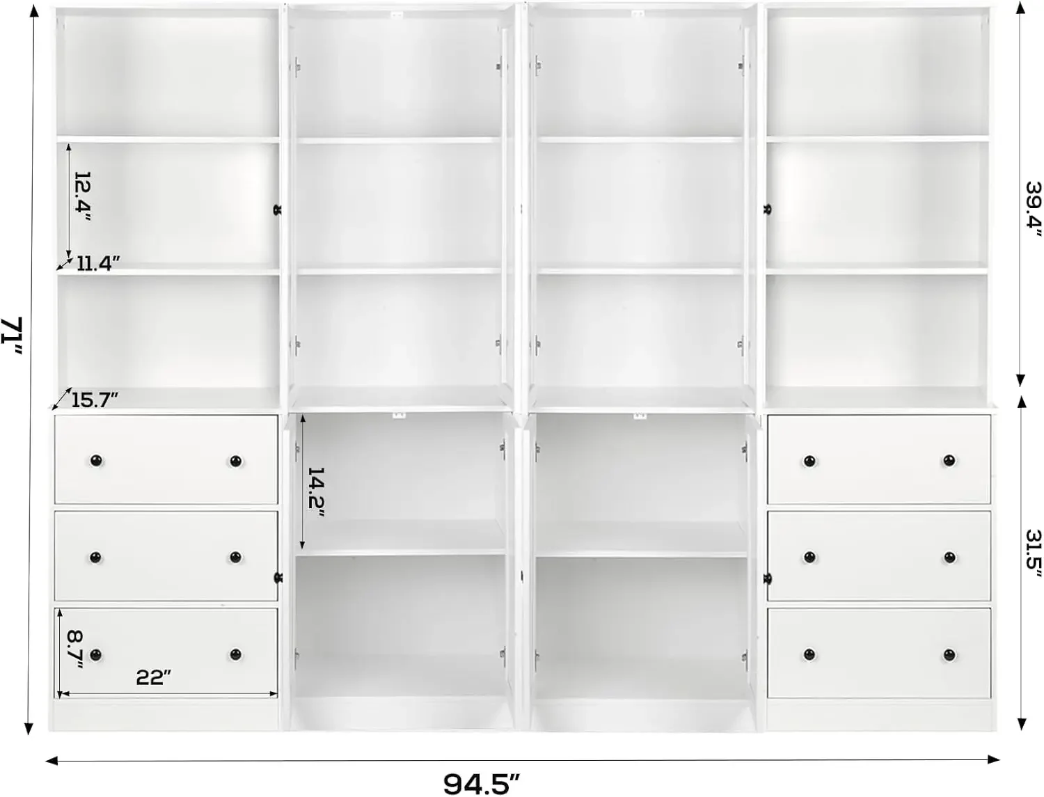 3-Tier Modern Bookshelf with 3 Large Drawer, Wood Filing Cabinet with Open Storage Shelf, Glass Doors and Fixed Storage Shelves