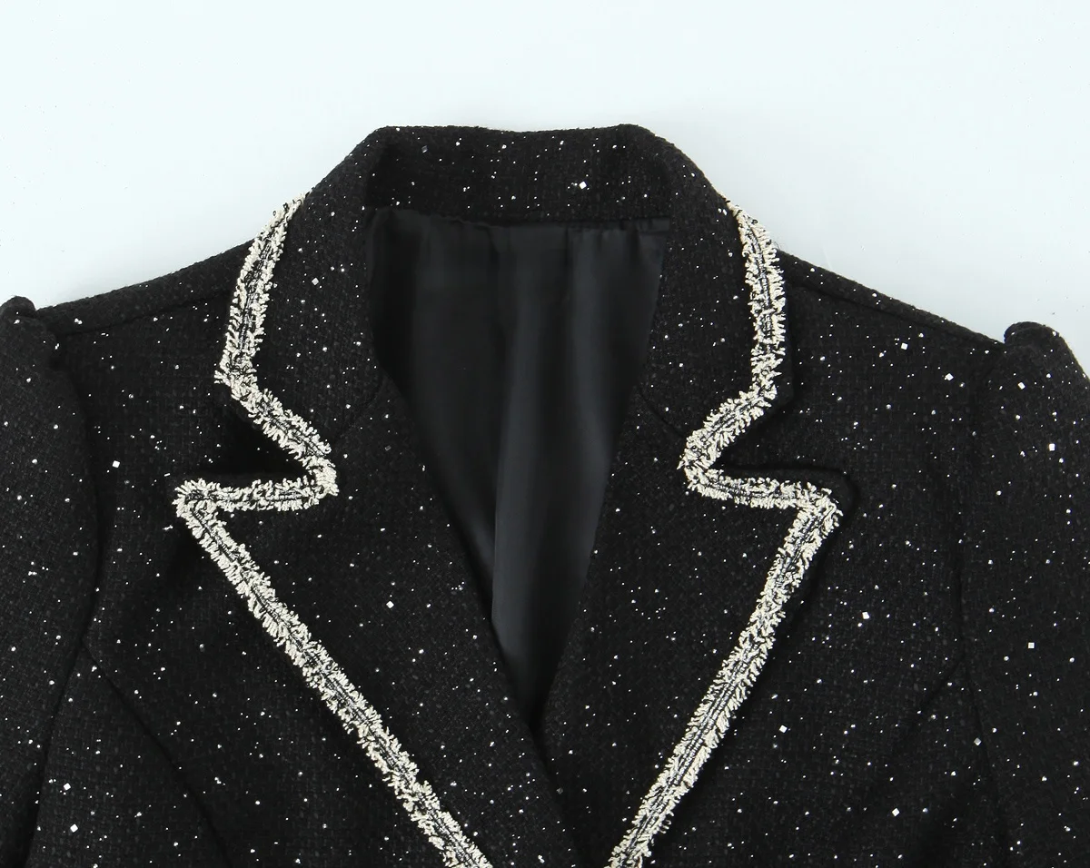 2025 Winter New Women's Casual Fashion Retro Color Block Sequin Double-Breasted Coarse Fabric Trim Blazer