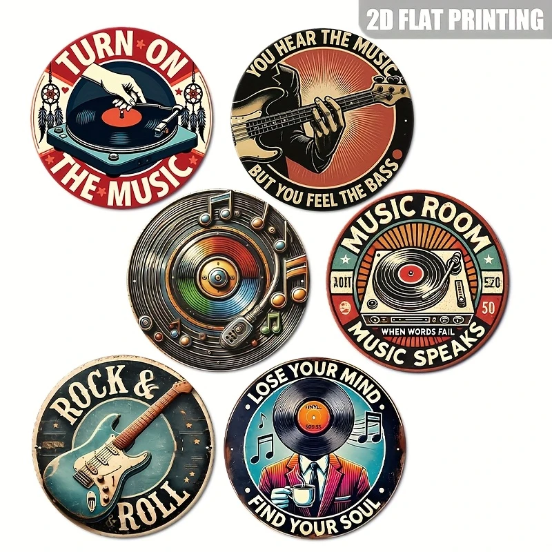 6Pcs Rock Roll Music Round Vinyl Record Metal Tin Signs, Retro Guitar Turntable Slogan Iron Plaque, Vintage Wall Decor For Bar