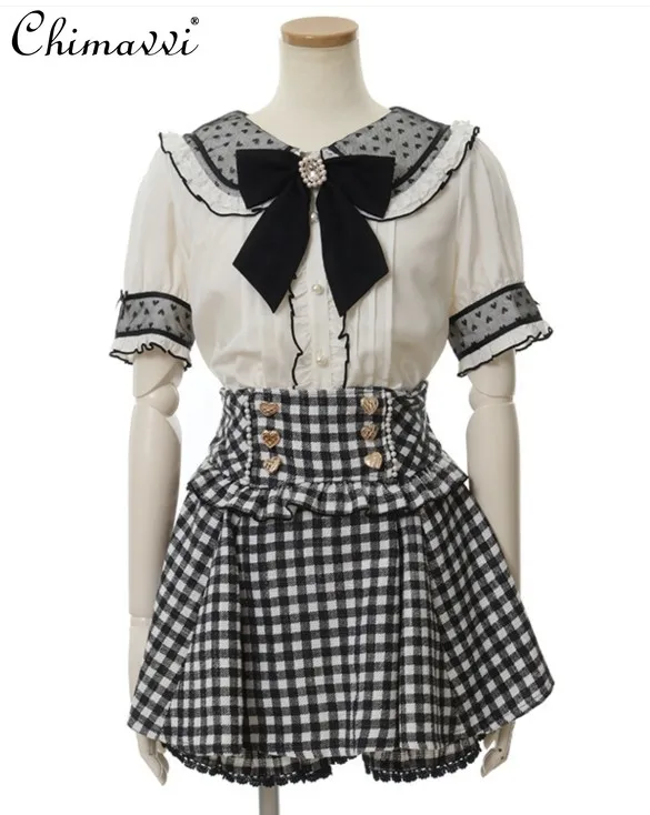 Japanese Style Lolita Plaid Suspender Skirt Spring Summer Sweet Girl Women's Mini Skirt Houndstooth Casual Cute A Line Skirt