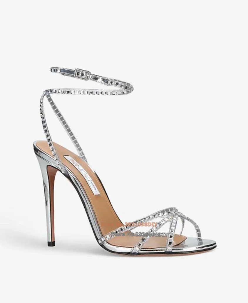 Mirror Diamond Embellished Ankle Wrap Pvc Thin High Heel Sandals Women Silvery Crystal Concise Wedding Party Dress Shoes