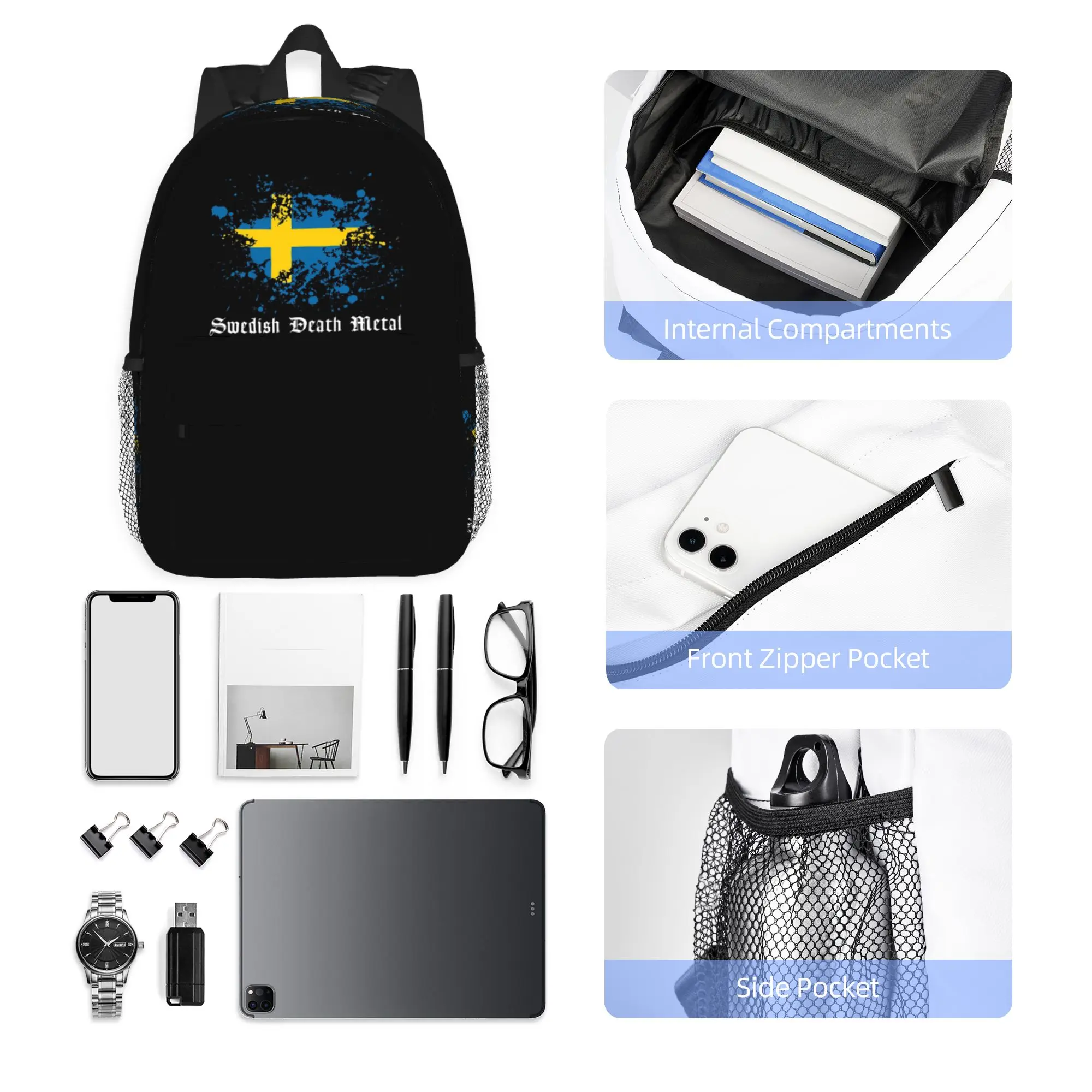 Swedish Death Metal Band Black Heavy Sweden Flag Backpack Hot Sale Daypack BookBag Shoulder Bags for Men Women School Bag