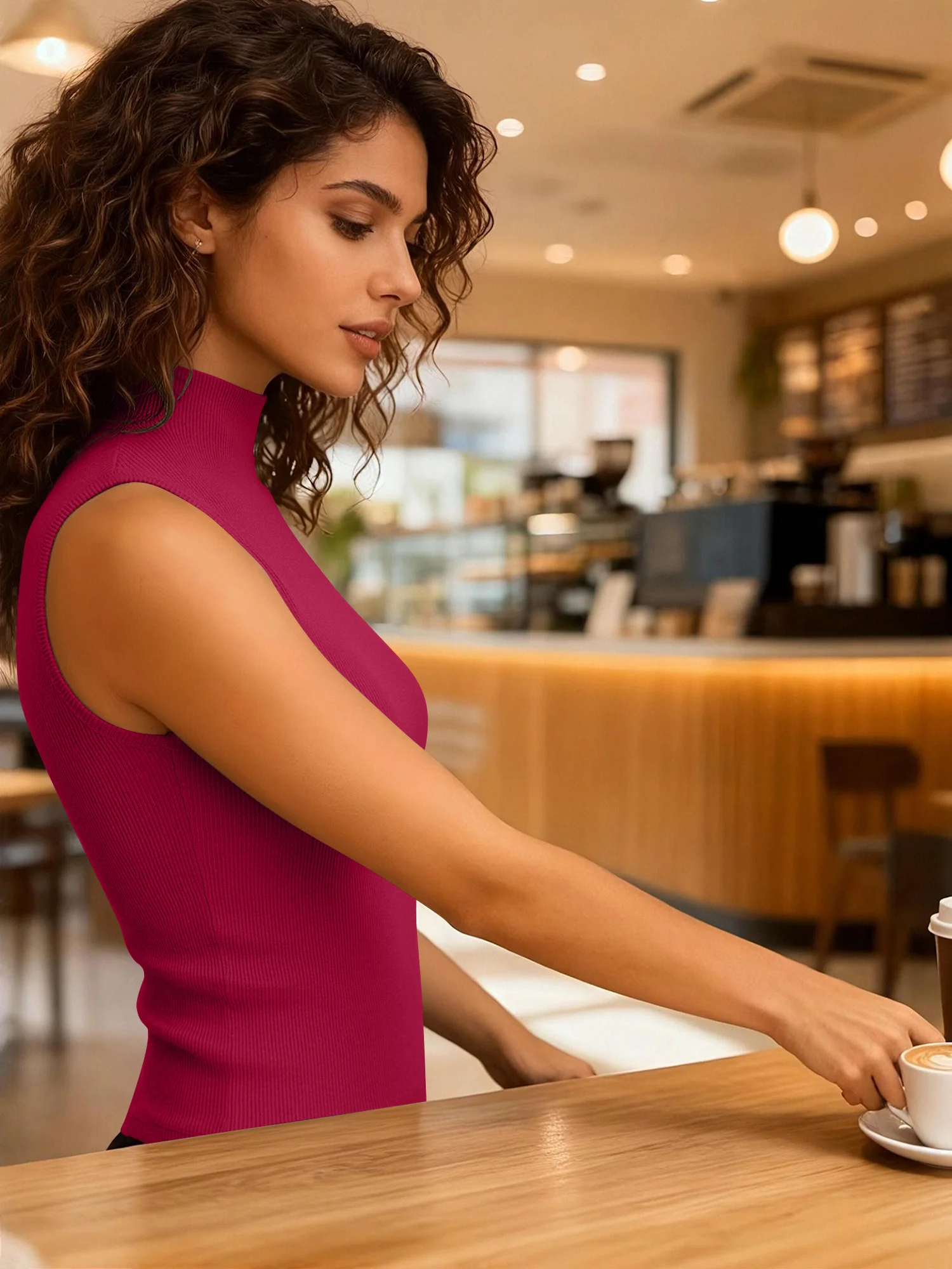 Professional Rib‑Knit Mock‑Neck Cami, Wavy Neckline Fitted Top for Workplace Conferences & Formal Daily Looks