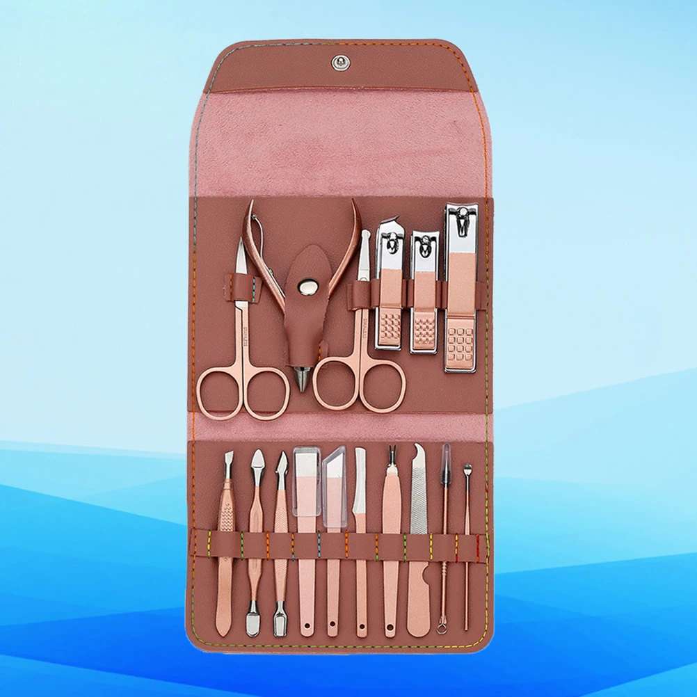 

16pcs Rose Gold Clippers Set Premium Portable Art Tools Kit Nail Files Trimmer Home Salon Use Brown Pu Bag Packed