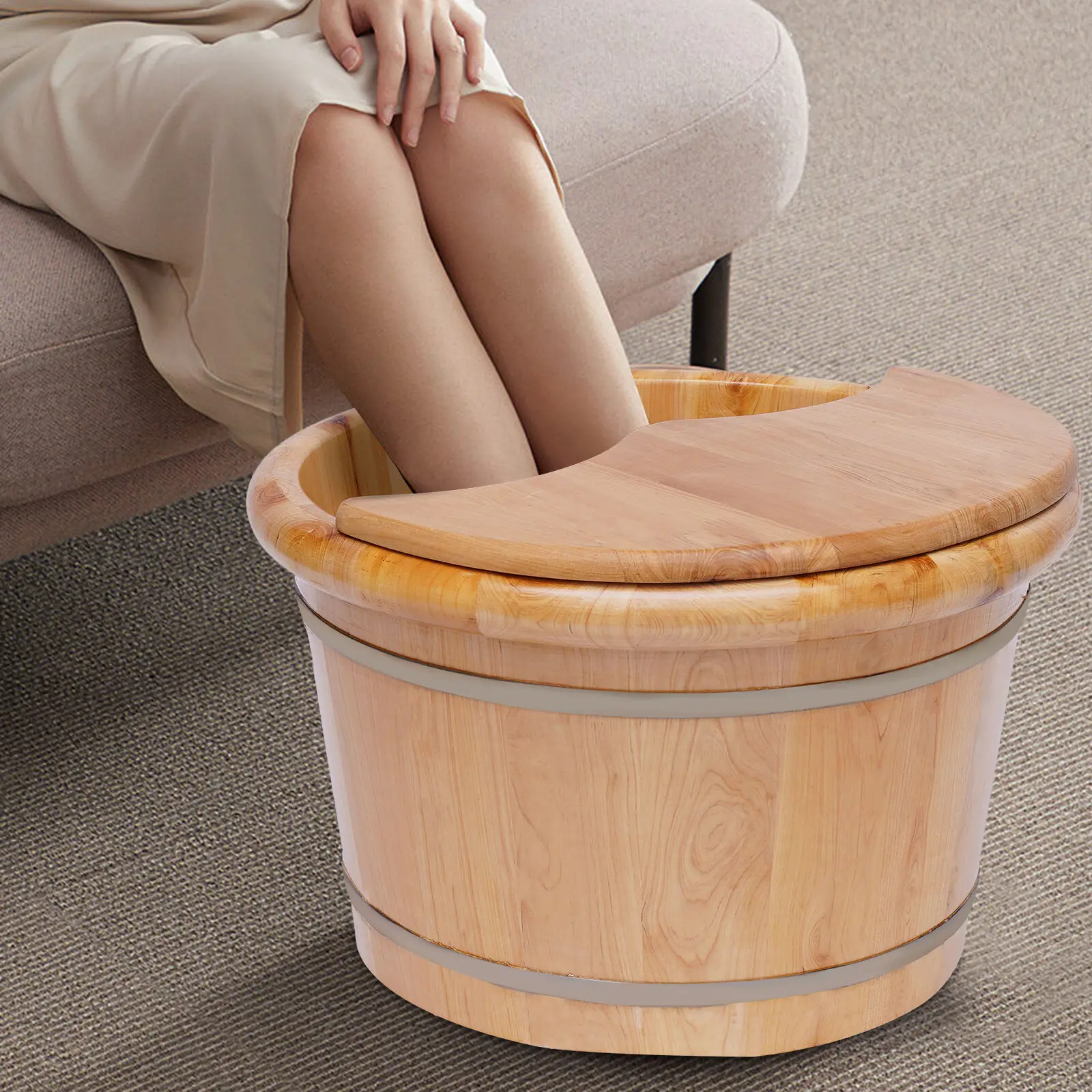 

Wood Foot Tub with Massager and Lid Solid Wood Handmade Wooden Foot Basin Set for Soaking Feet Spa Foot Care Feet Barrel Sauna