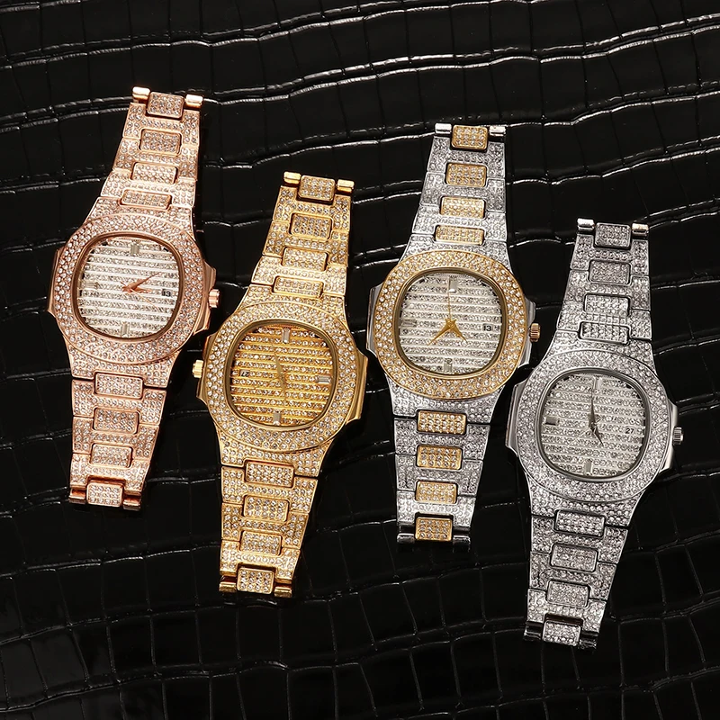 Hip Hop Mens Watches Luxury Date Quartz Wrist Waterproof Watches Bling Iced Out Nightclub Shiny Watch for Men Charm Jewelry