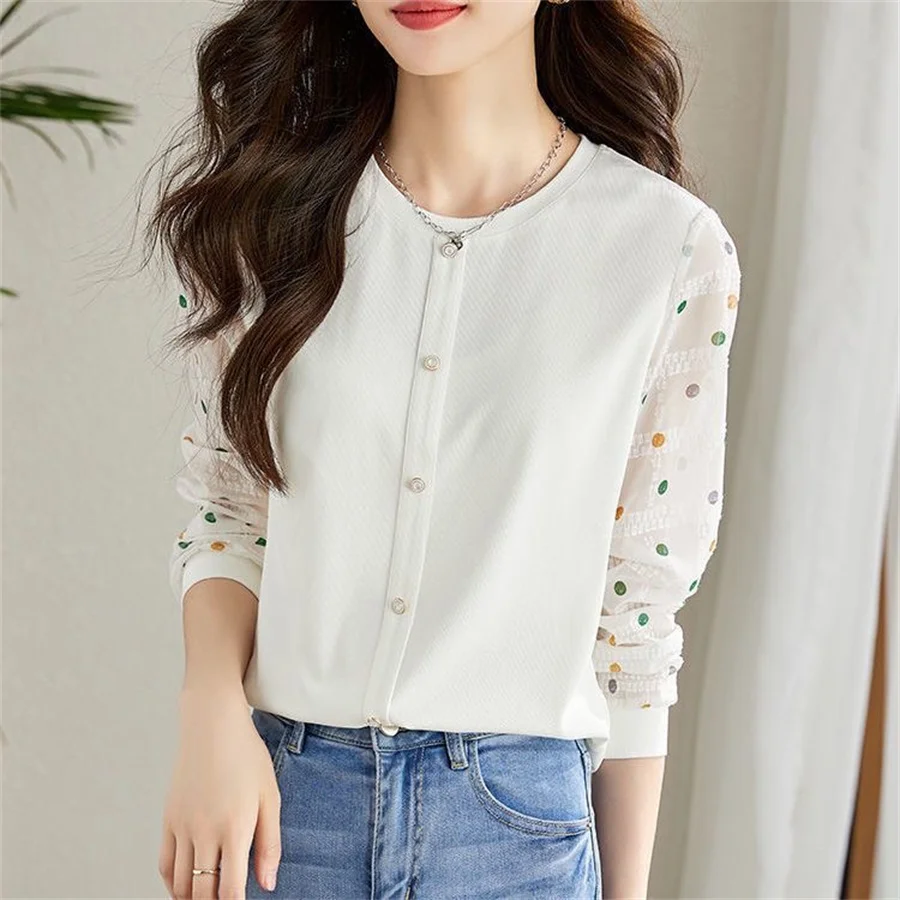 Women Spring Autumn Style Blouses Shirts Lady Casual Long Sleeve O-Neck Polka Dot Printed Blusas Tops DF4719