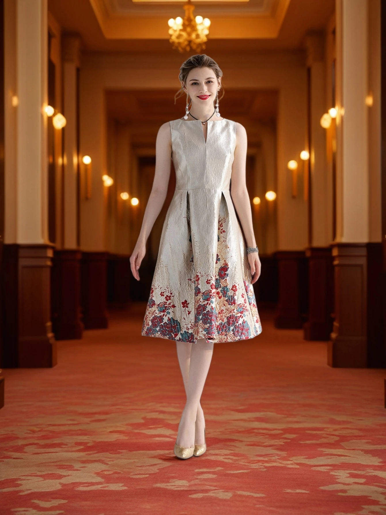 Luxury Women Fashion High Quality Jacquard A Line Ball Gowns Sleeveless Summer Casual Clothing Midi Femme Party Dressses