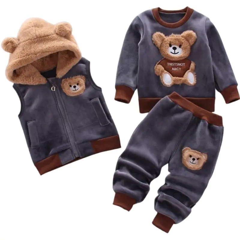 Children Cotton Clothes Set Autumn Winter Thicken Fleece Hoodies Sweater Pants Vest 3pcs Outfits Boys Suits Girls Warm Outerwear