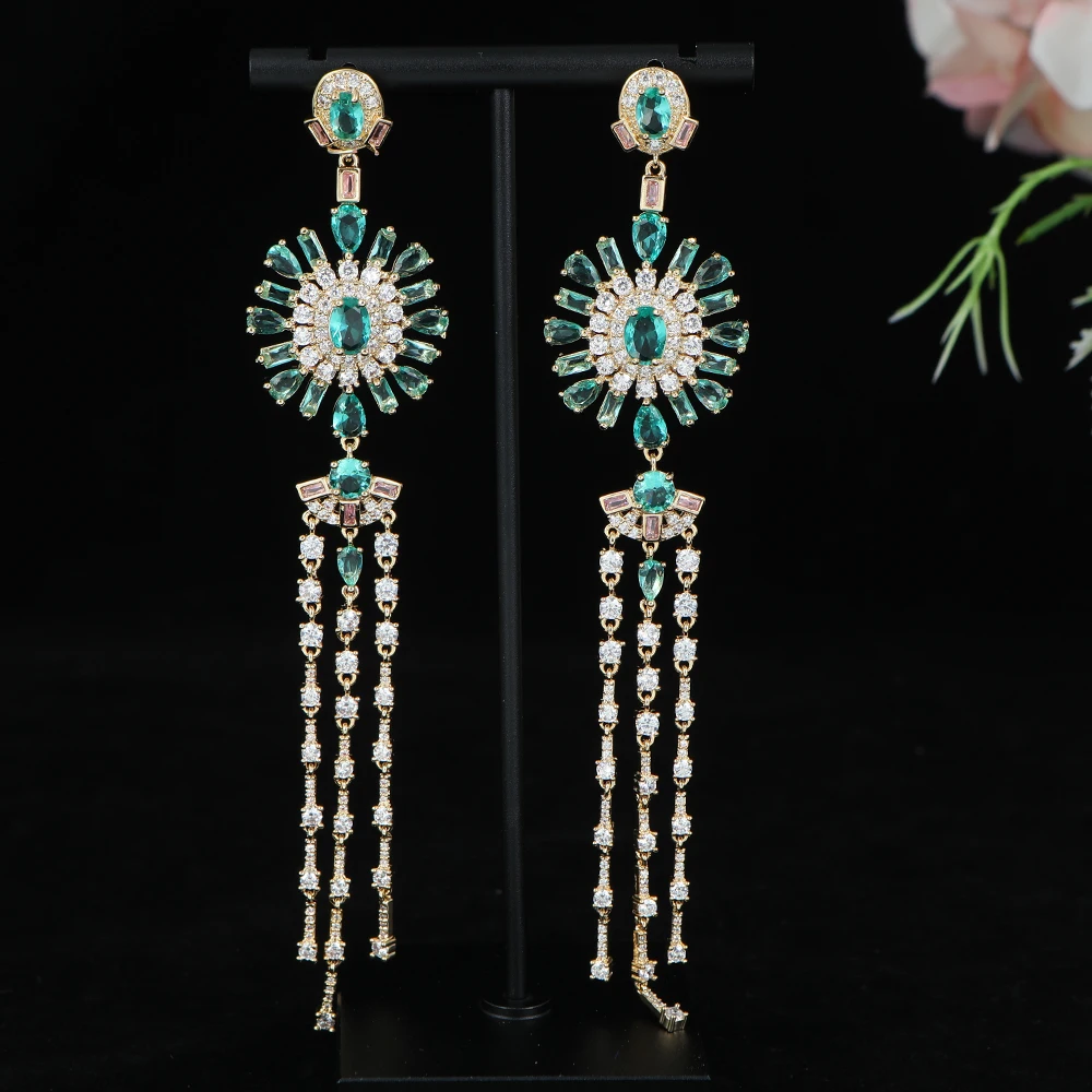 

Luxury Round Flower Tassel Earring For Women Wedding Cubic Zirconia Dubai Bridal Costume Jewelry E1222