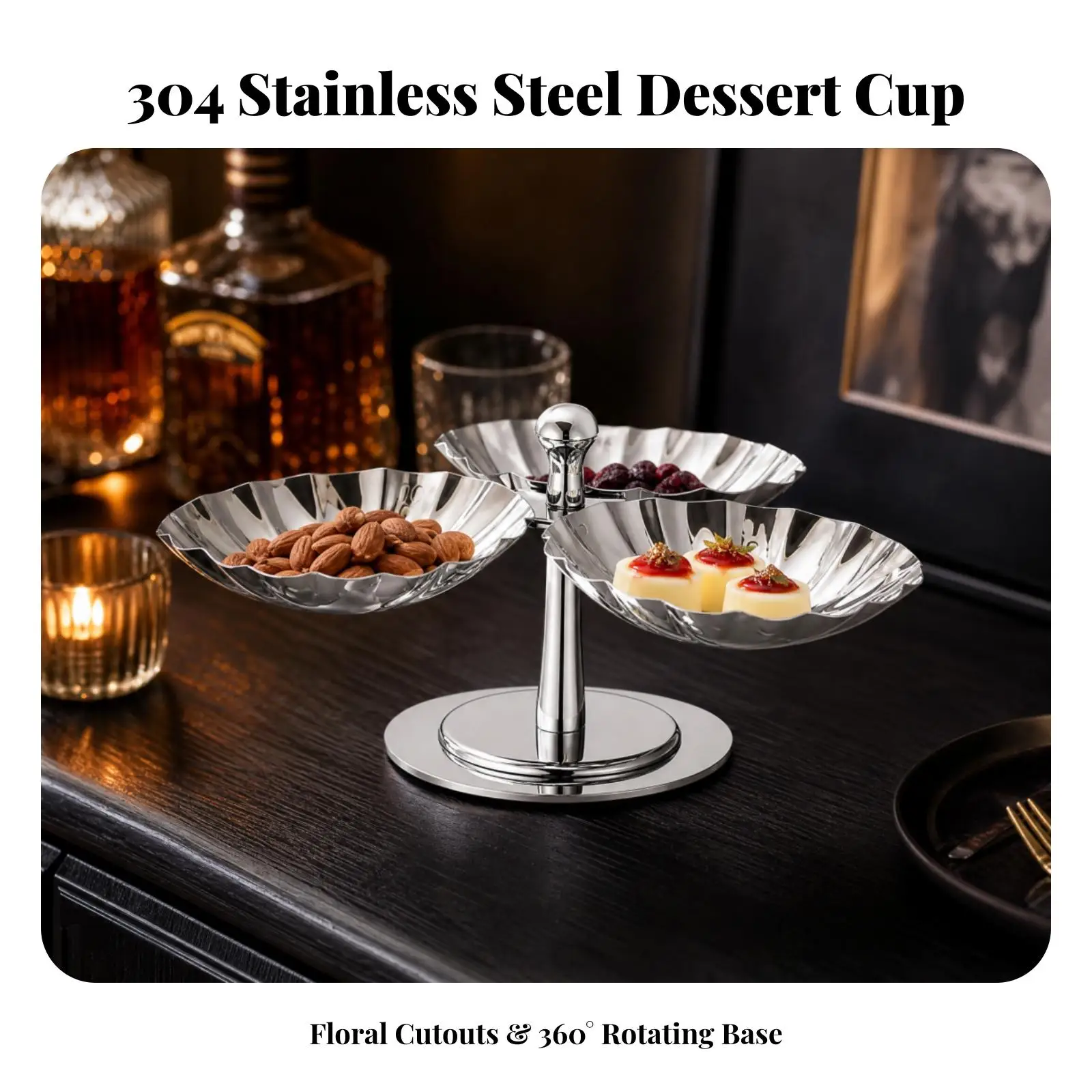 Elegant Rotating Dessert Bowl 3 Tier Style Stainless Steel Serving Holder for Cafe Afternoon Tea Cake Display