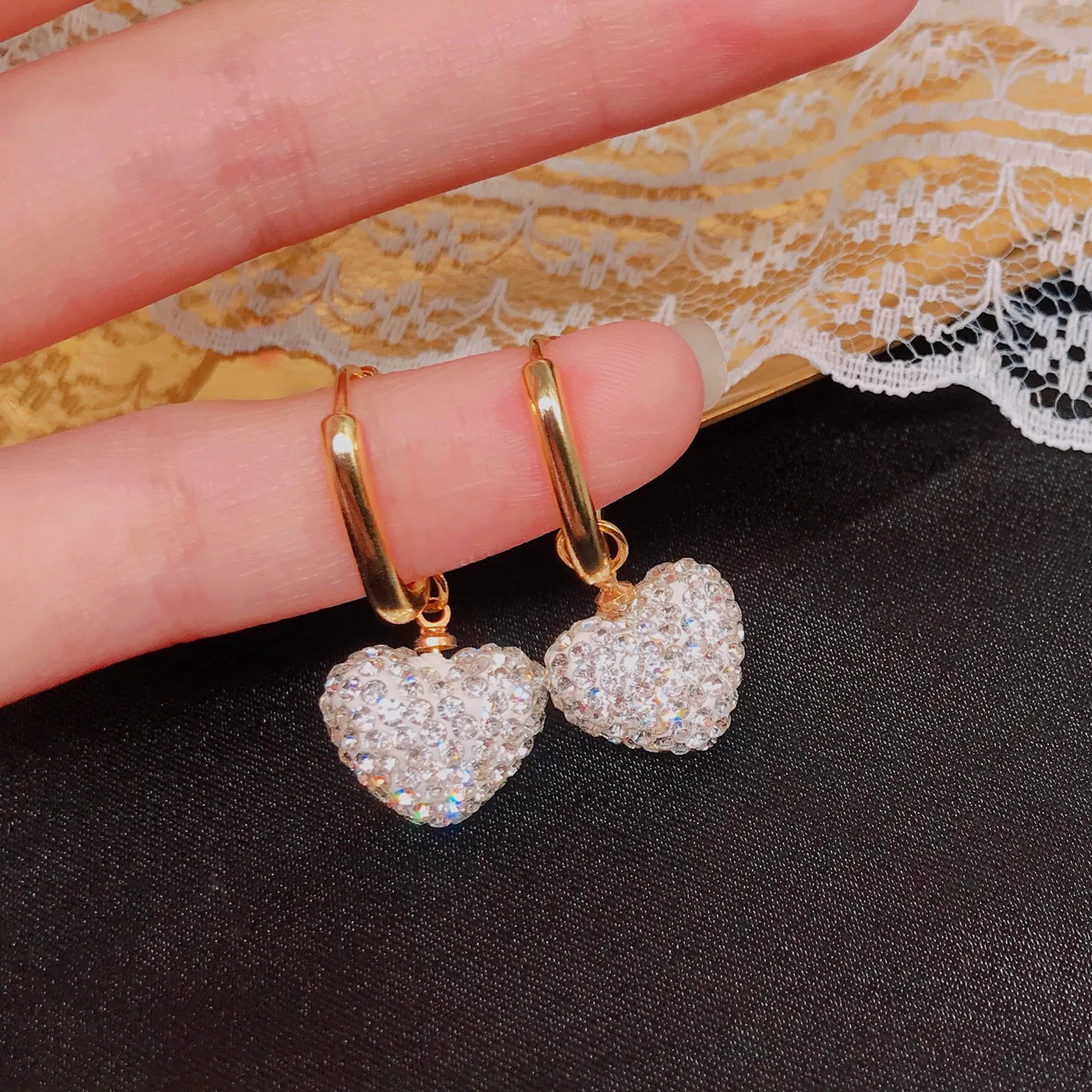 S925 Sterling Silver Stud Earrings Autumn Winter New Inlaid Diamond Love Peach Heart Pendant Trendy Fashion Earrings For Women