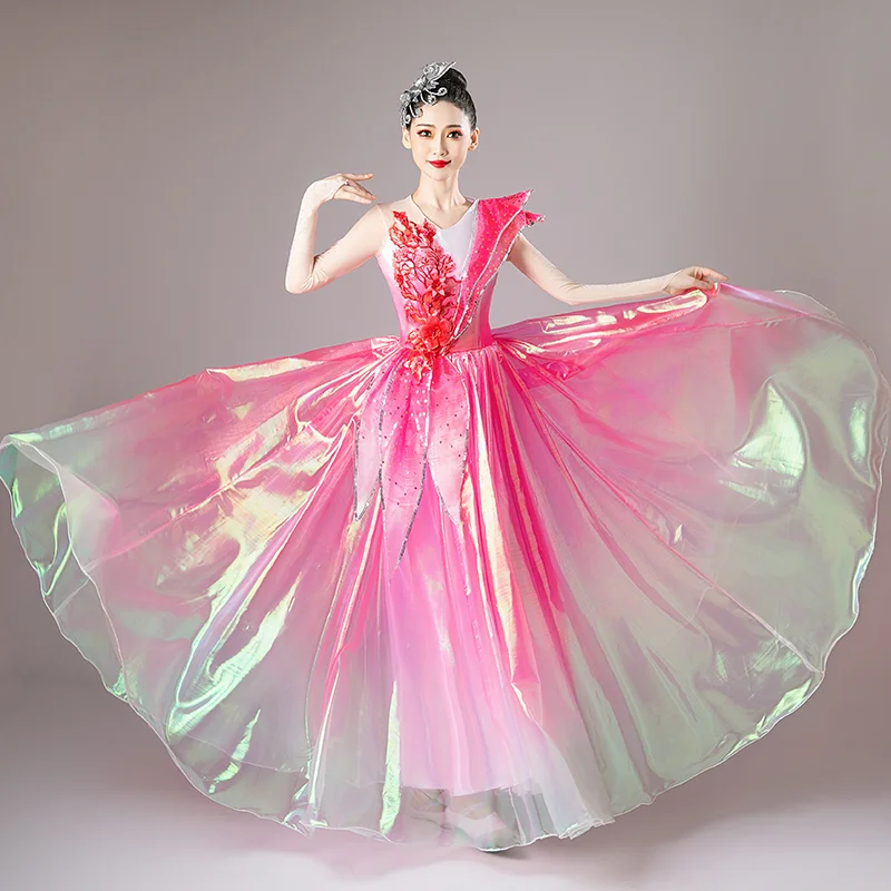 

Long Pink Opening Dance Costume Dress Long Sleeve New Year Dancer Clothing Festival Celebration Flower Dance Dress