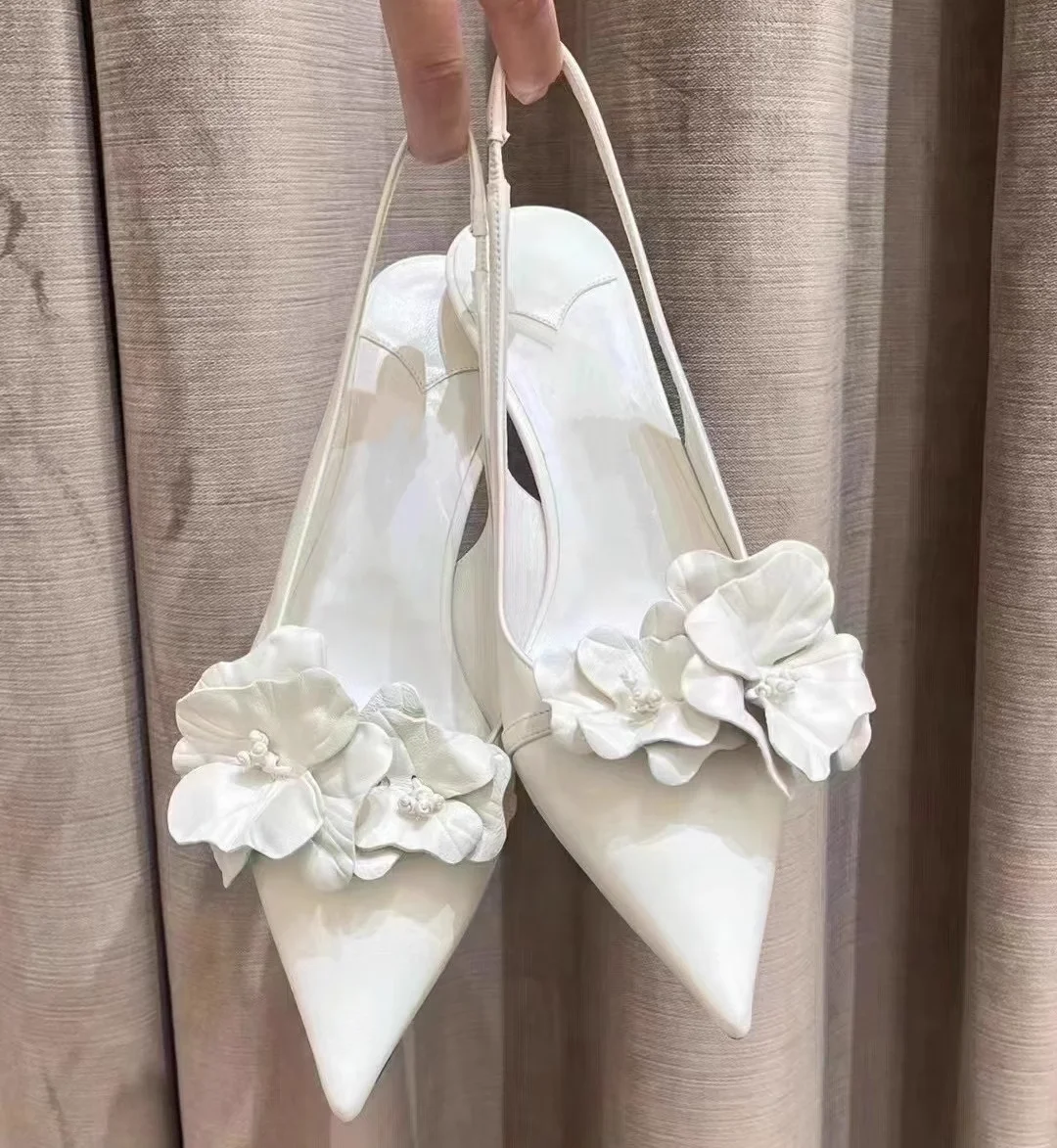 

Wedding Floral Pointed Toe Leather Sexy Pumps Lady Slingback Kitten High Heel Dress Luxury Sandals Women White 2024 New Shoes