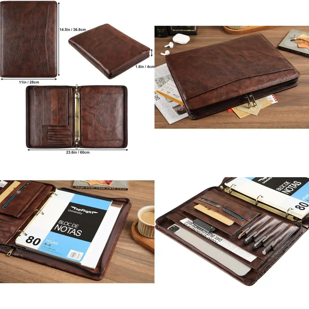 

Genuine Leather 3-Ring Portfolio Binder, Personalized Legal Size, Left and Right Pockets, Brown