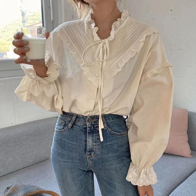 2024 New Hollow Out Vintage Casual Elegant Tops Women Shirts Solid Long Sleeve Korean Style Bow Loose Blouses Blusas 9580