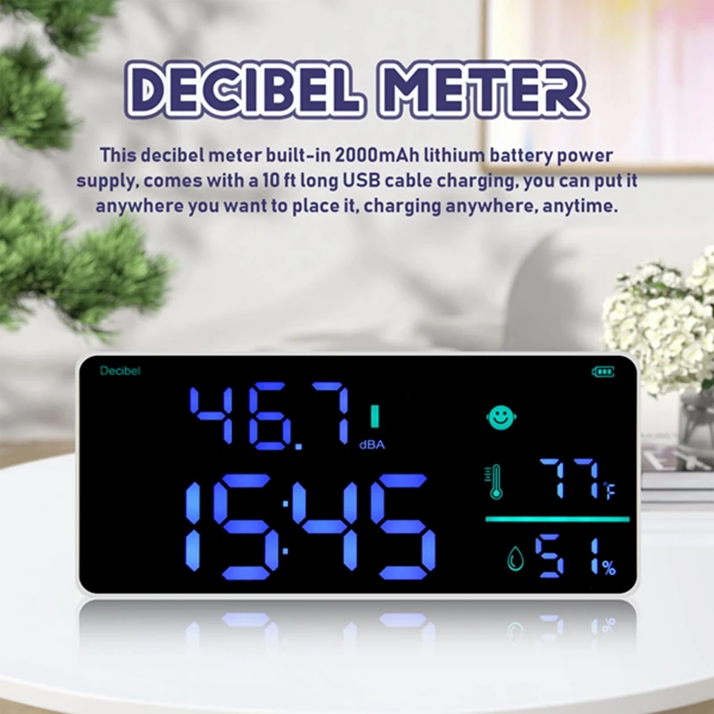 Wall Hanging Sound Level Meter 30-130DB Range 8.6 Inch Large LED Display Noise Time Temperature