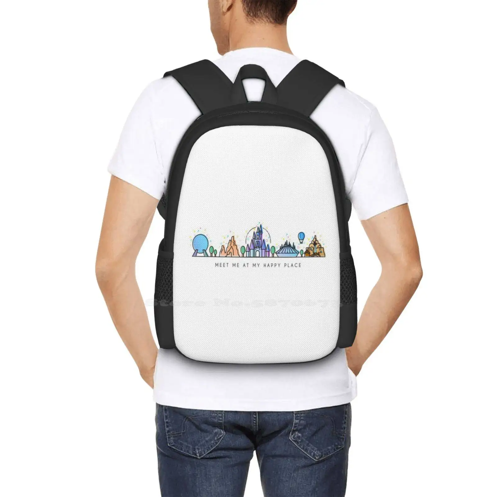 Mochila con diseño de ilustración de parque temático de Orlando para hombres, mujeres, niñas, mundo adolescente, Wdw Park, Meet Me At My Happy Place Vector