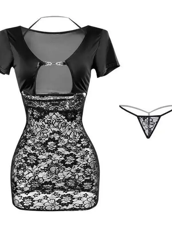 ผู้หญิงเซ็กซี่ Halter คอ Low-Cut Hollow Lace Bodycon ชุดเลขานุการ Nightgown 2 ชิ้นชุดกระโปรงชุดตาข่ายลูกไม้ Sheer หวาน k72