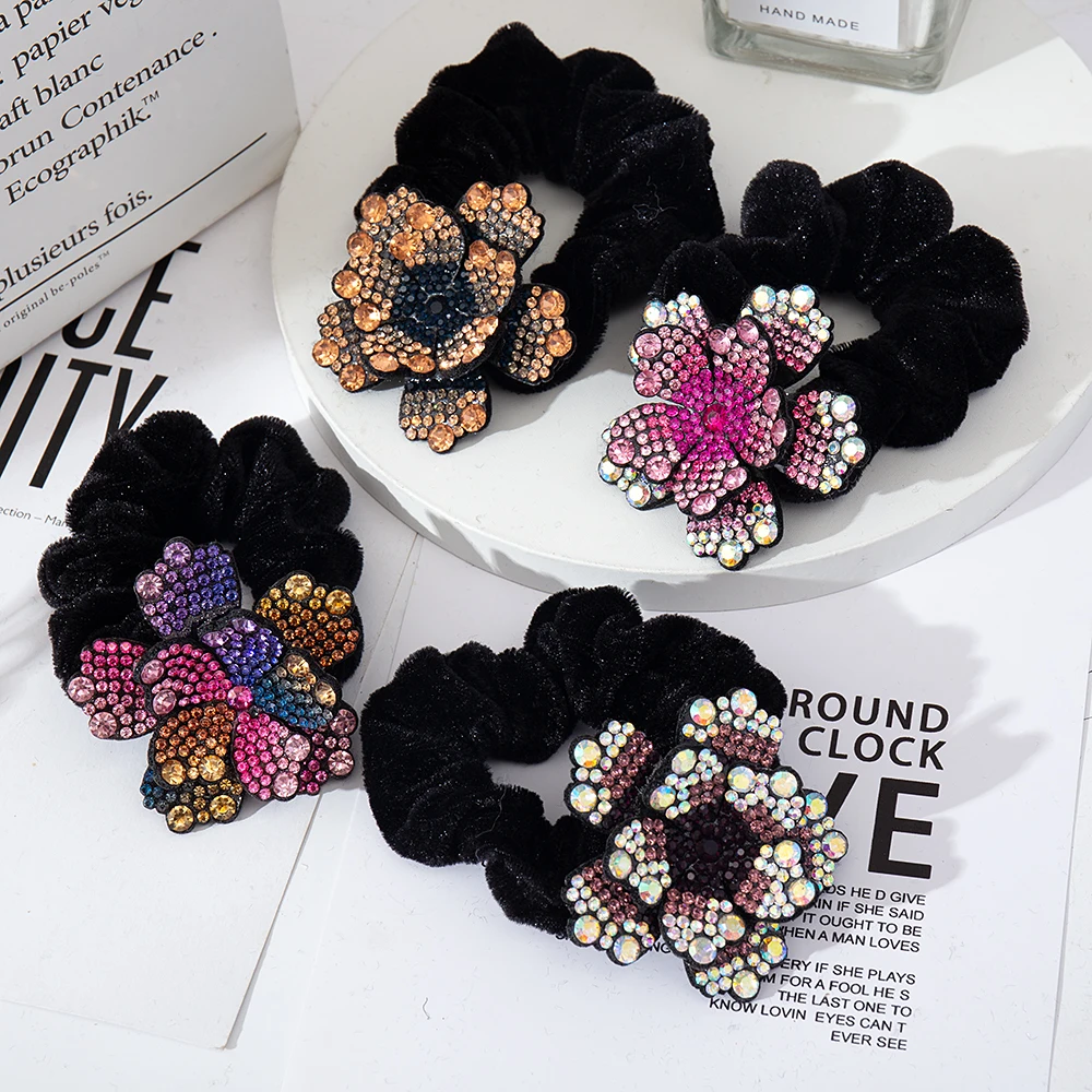 Women Rhinestone Scrunchies Velvet Elastic Hair Bands Flower Hair Rope Rings Ponytail Holder Crystal Headwear Hair Accessories