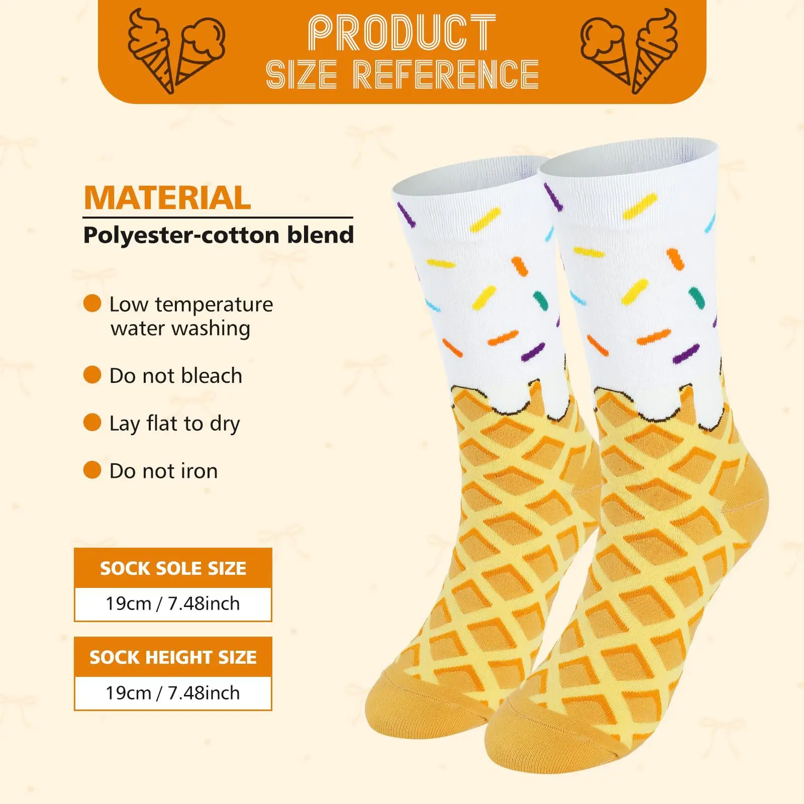 1 Pairs Cartoon Waffle Ice Cream Pattern Socks Funny Creativity For Unisex Casual Or Playful Outfits Cute Middle Tube Socks