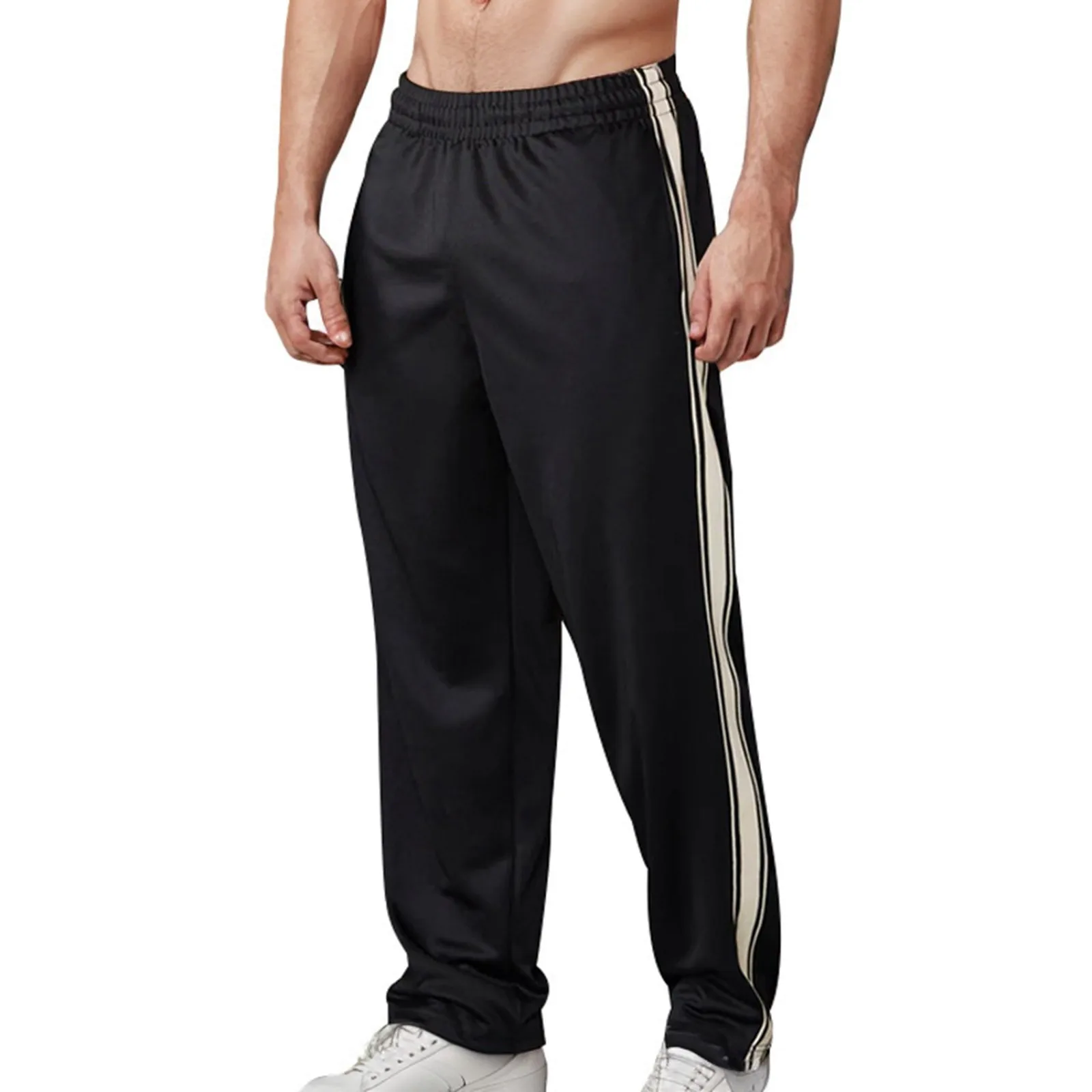 Heren Joggingbroek Met Rechte Pijpen Verticale Strepen Aan De Zijkant Mode Eenvoudige Casual Broek Losse Wijde Pijpen, Elastische Taille Lange Broek