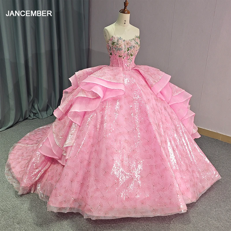 Princess Strapless Ruffles Ball Gown Quinceanera Dresses Pink 3D Flowers Sequined Lace Lace Up vestidos de quinceañera DY6788