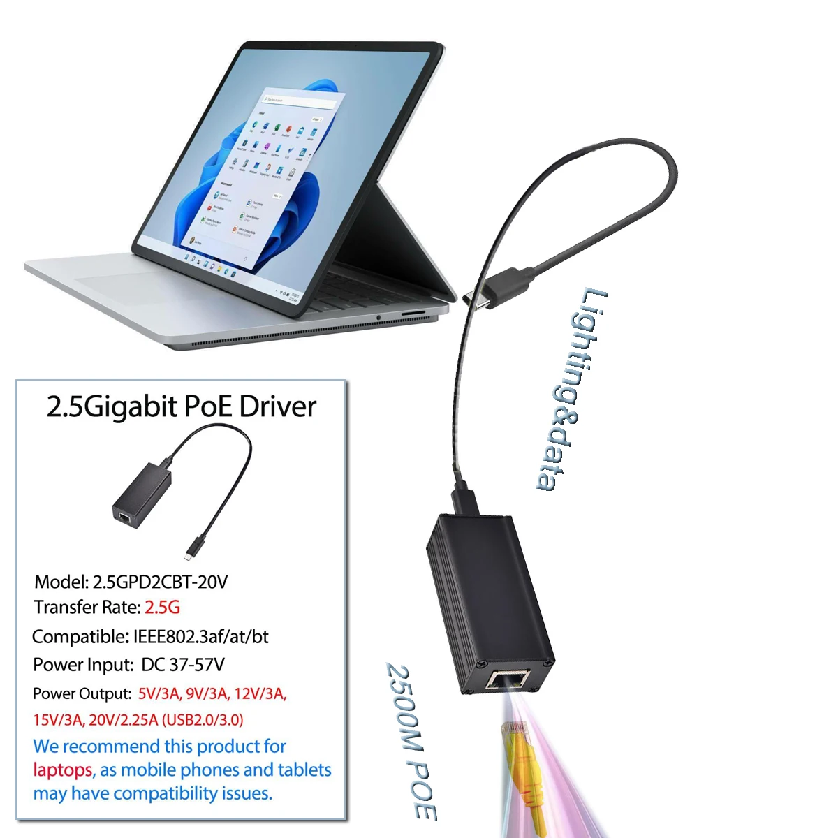 

Адаптер преобразователя PoE в USB-C 2,5G, 45 Вт, выходная мощность Type-C и Ethernet 2 в 1, зарядка макс. 20 В, 45 Вт, частота 2,5 Гбит/с