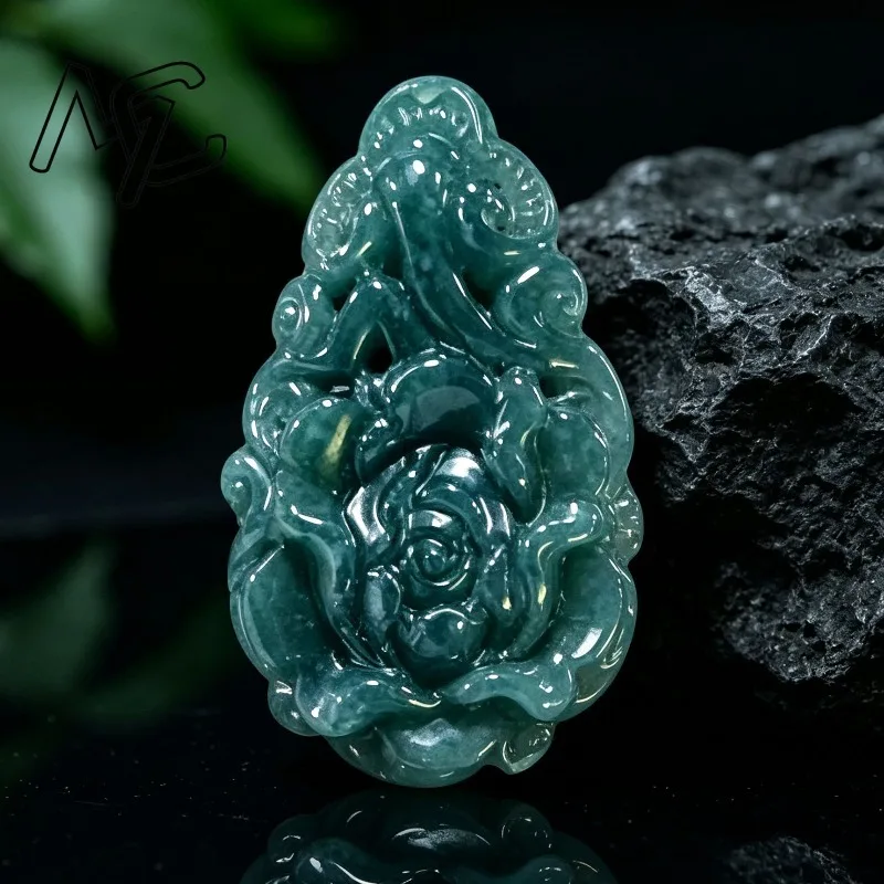 Natural A Grade Burmese Blue Water Jadeite Pendant Hand Carved Peony Flower Amulet Jade Floral Necklace Charm Lucky Jewelry Gift 3