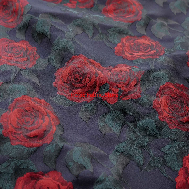 

1 meter Dark Blue Red Rose Yarn Dyed Jacquard Fabric Elegant Retro Women's Floral Dress Shirt Decorative Sewing Fabric