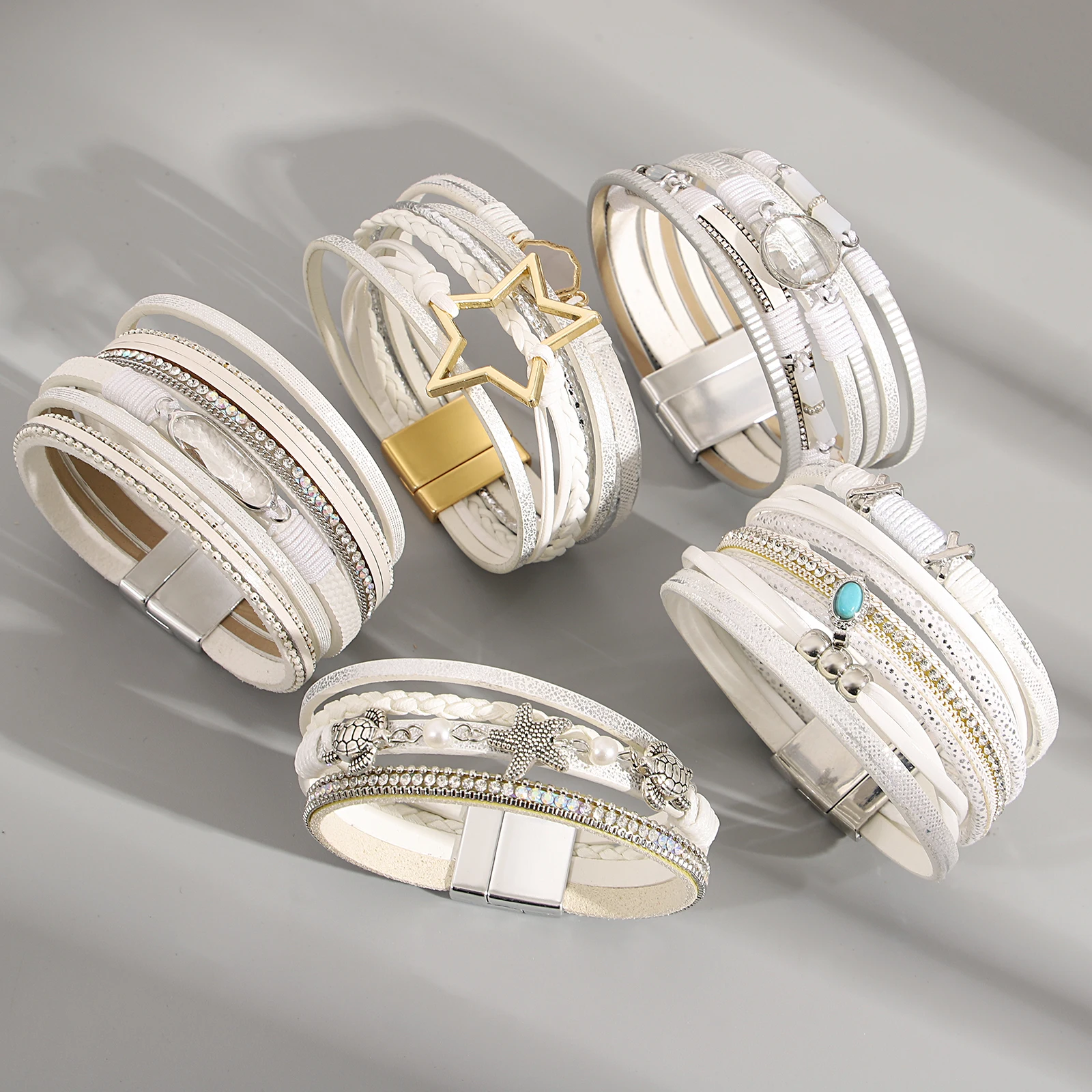 

Amorcome Elegant Irregular Buckle White Leather Bracelet Women MultiLayer Stackable Braided Wrapped Bangle Fashion Jewelry Gift