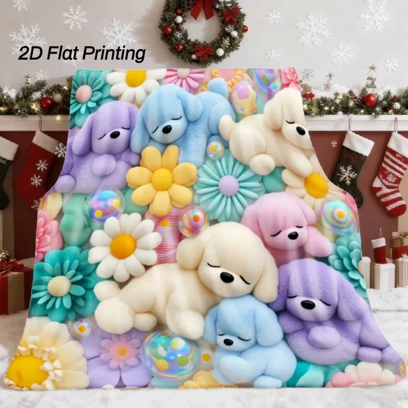 Sweet Floral Sleeping Puppy Fleece Blanket Light Warm Bed Cover Blanket for Kids Birthday Gift