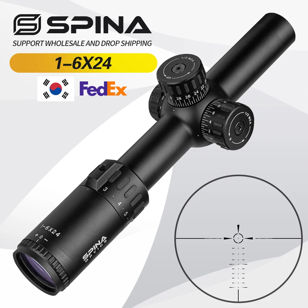 SPINA Optics 1-6X24 Hunting Riflescopes Compact Glass Etched Reticle Red Illuminated Tactical Optical Sight for Real Rifle