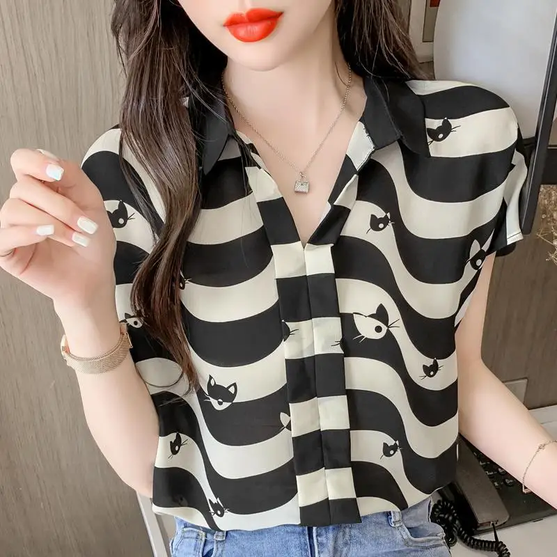 Striped Chiffon Vintage Shirts Women Summer 2022 New Fashion Office Lady Commuter Loose Tops Short Sleeve Elegant Blouse Female