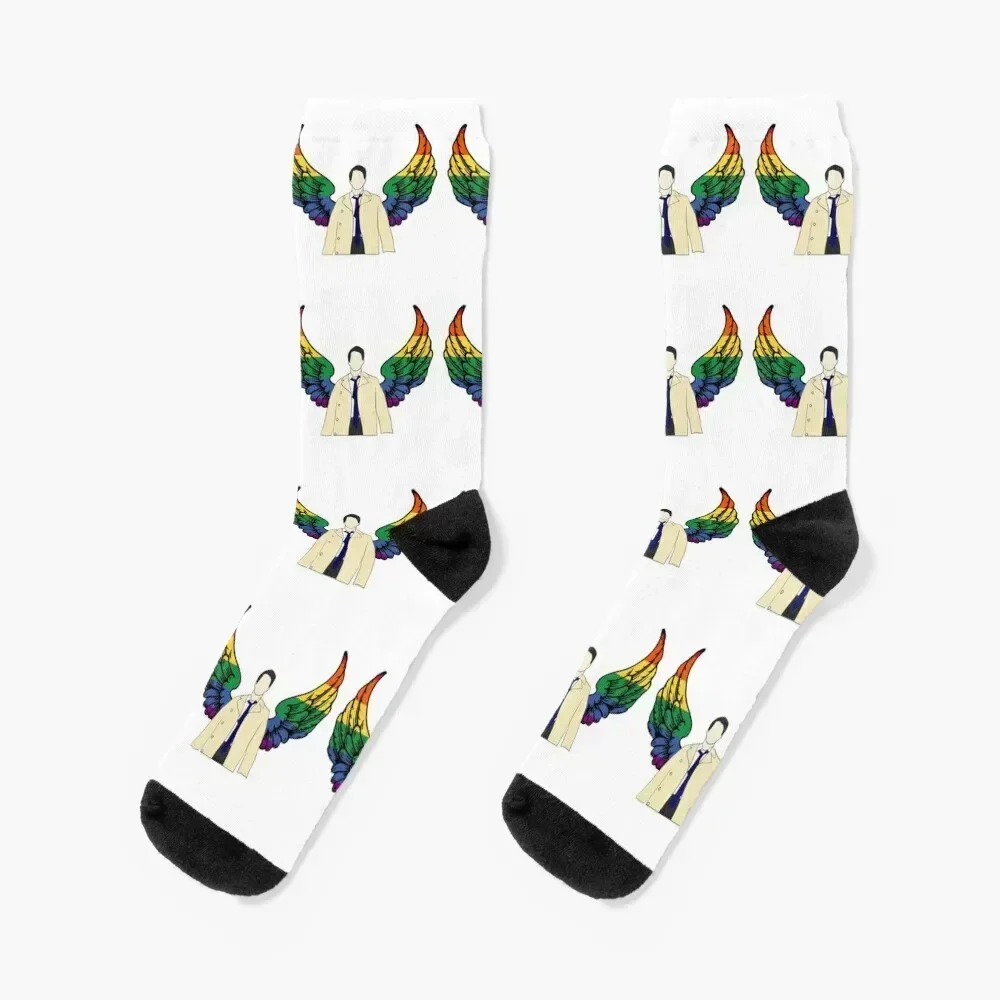 

Castiel drawing with rainbow wings Socks man custom Climbing Mens Socks Women's