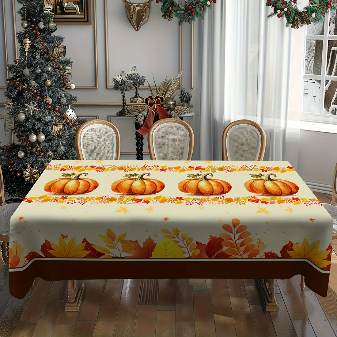 One autumn maple leaf pumpkin pattern printed tablecloth, in round and rectangular styles.zyc