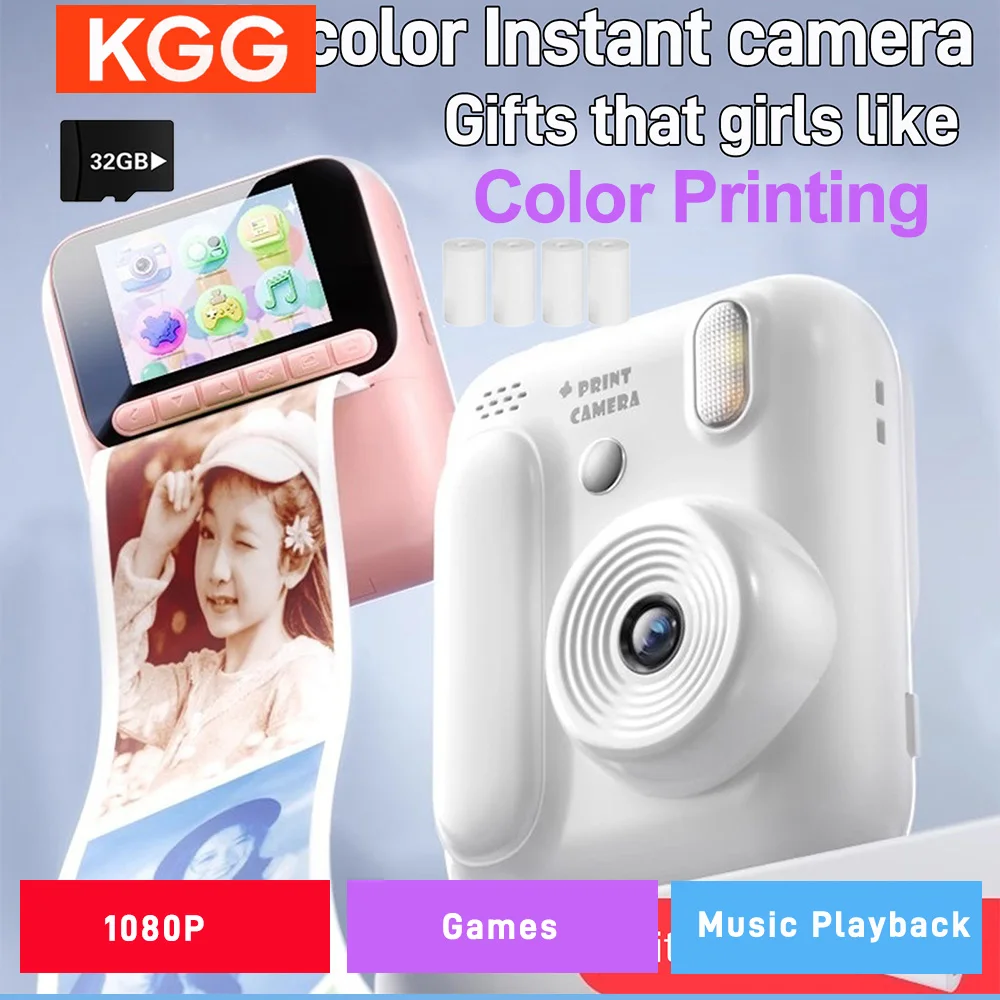 

Color Printing Camera Kids Color Instant Camera 32GB 1080P Thermal Print Toys Camera Print Photo Video Games Children Gift