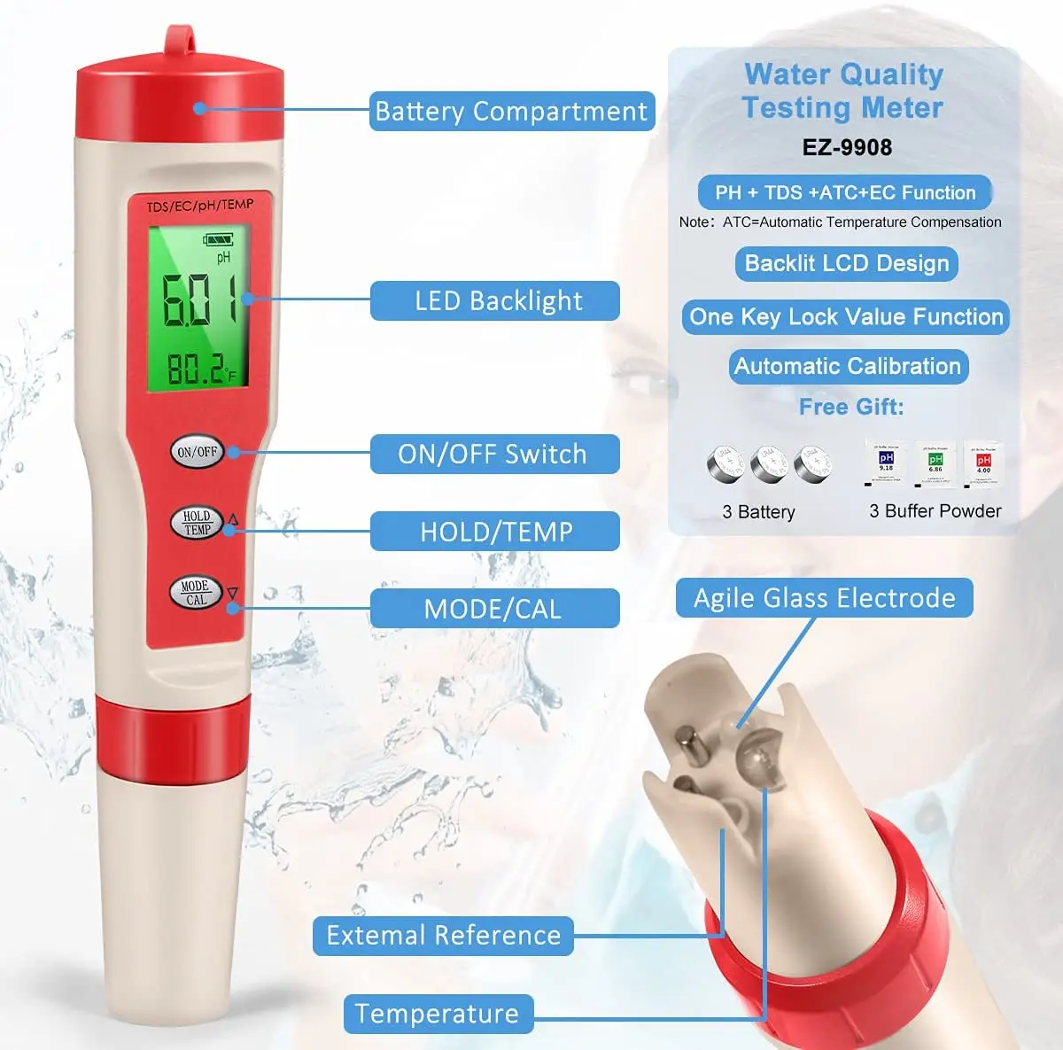 3/4/5/7 in 1 PH Meter TDS EC  Temperature Tool With Backlight Digital Water Quality Monitor Tester for Aquarium Drinking Water