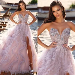 Ruffles Tulle Prom Dresses Customized Sweetheart Beading Light Pink Split Formal Evening Dress A Line Arabic Robes De Soirée