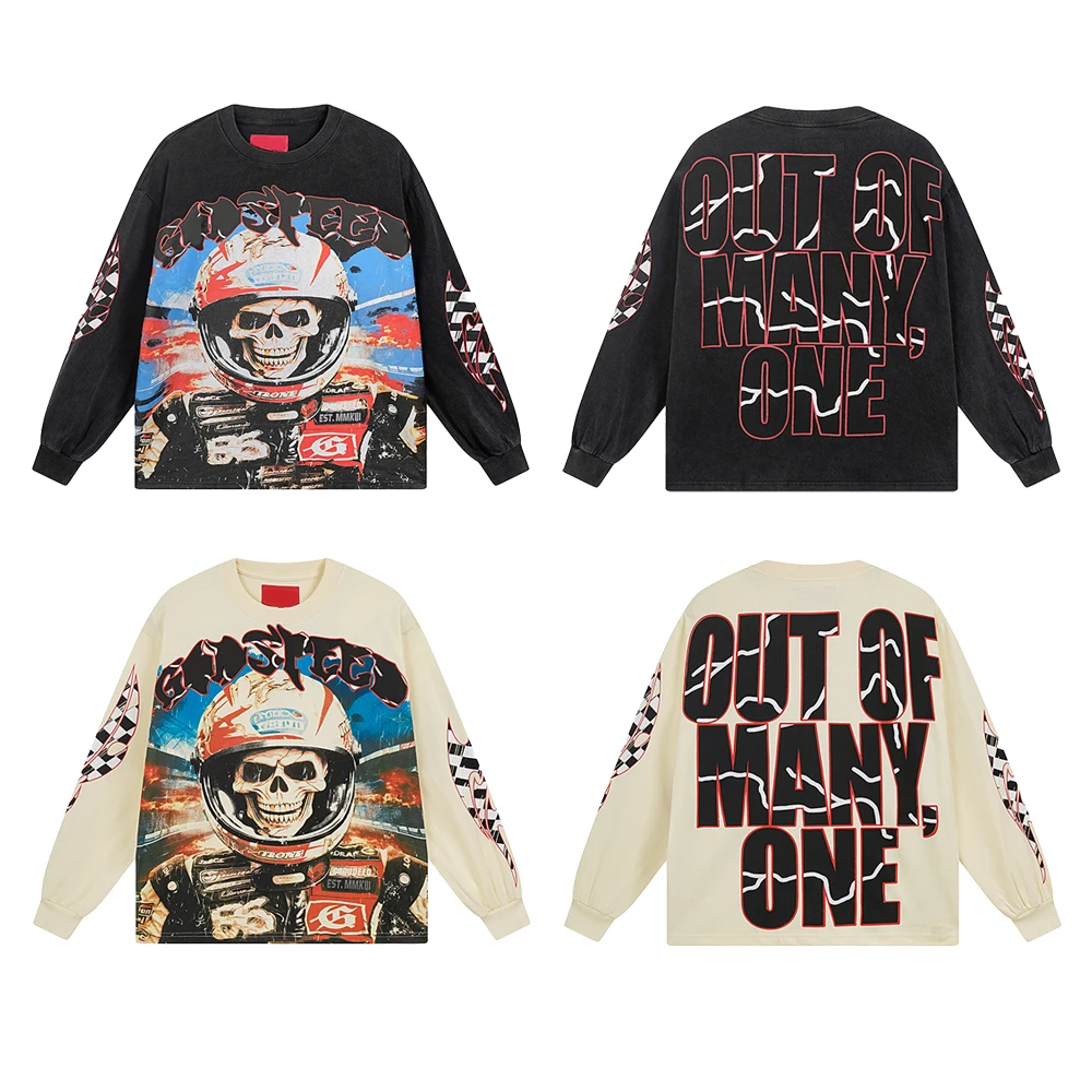 

Tops & T-shirt New Arrival Goods Skulls Printed Cotton Long Sleeve T-Shirts Retro Wash Black Streetwear Vintage Graphic T Shirts