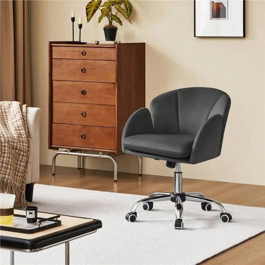 1PC Modern Velvet Upholstered Desk Office 24' W*24' D Vanity Chair Armrests 360° Swivel Rolling Height Adjustable Tilt Dual-Laye