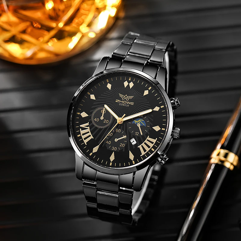 Men Complete Calendar Watch 2024 New Fashion Golden Stainless Steel Quartz Clock Analog Male Casual Wristwatch Relogio Masculino