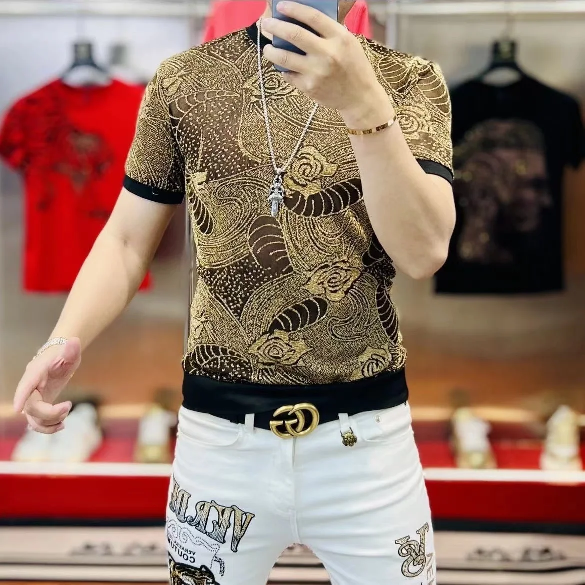 Summer Ice Silk Hollow Mesh T-shirt for Men Luxury Printed Short Sleeved Casual T-shirt Social Streetwear Round Necked Tee Top