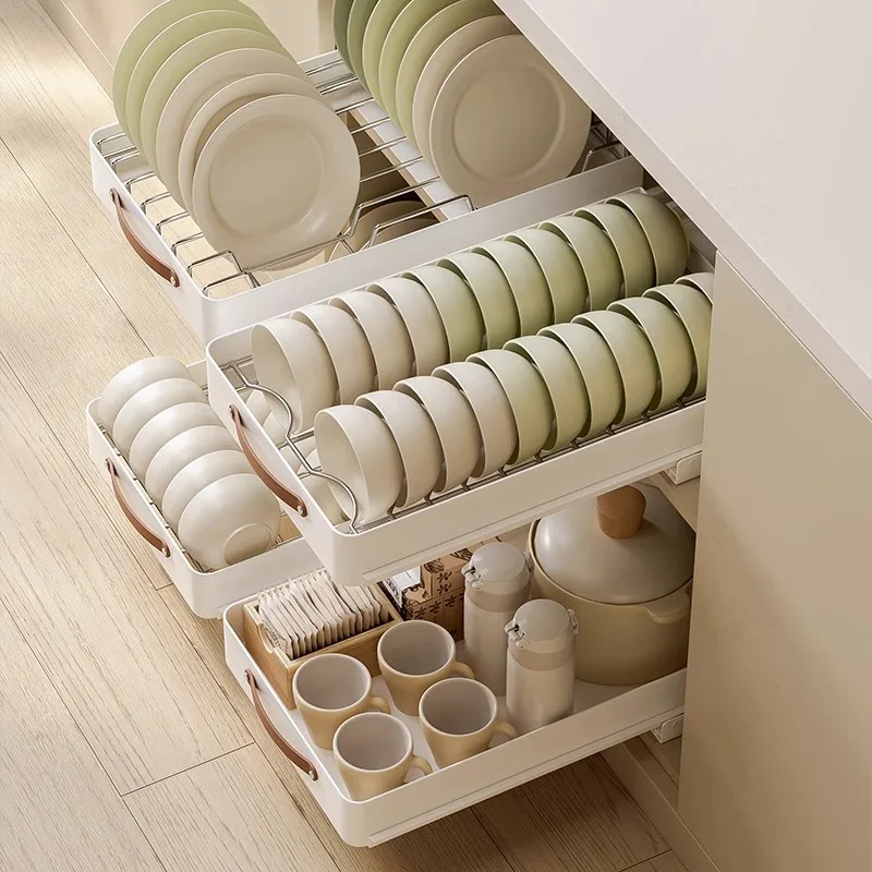 Stainless Steel Pull-Out Holder Kitchen Tableware Storage Tray Cabinet Drawer Style Basket Removable with Slide Rails Drain Rack