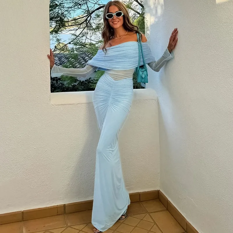 DINADD – robe une col, Sexy, élégante, dos nu, maille de fête, légèrement transparente, manches longues plissées, longueur au sol, 2025