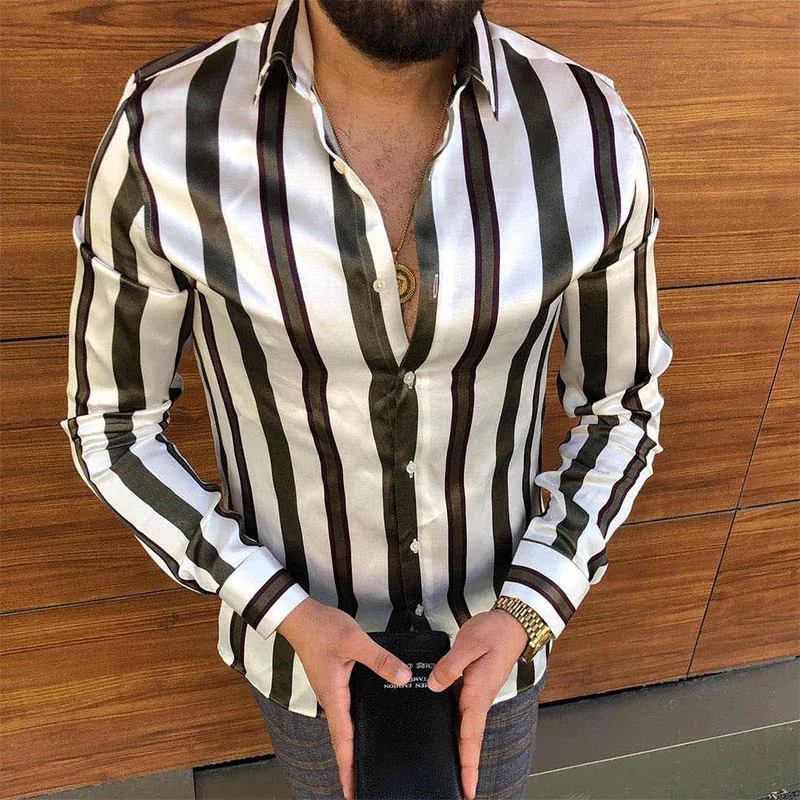 2024 Men's Chain Printed Long Sleeve Shirt Men's Casual All-match Fashion Street Men's Shirt Lapel Single-breasted Long Sleeve