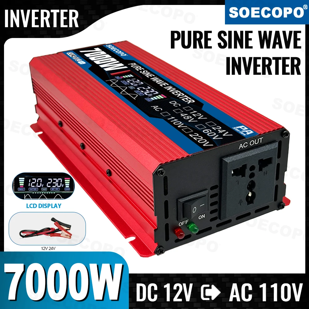 

SOECOPO 7000W Pure Sine Wave Inverter 1 Sockets 12V to 110V Car Voltage Converter Power Adapter for Car Accessories Camping