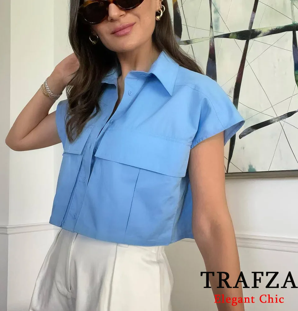 TRAFZA Basic Casual Sleeveless Short-Shirt Women\'s Pocket Lapel Buttons Shirt New 2024 Summer Fasion Holiday Commuter Outfit Top