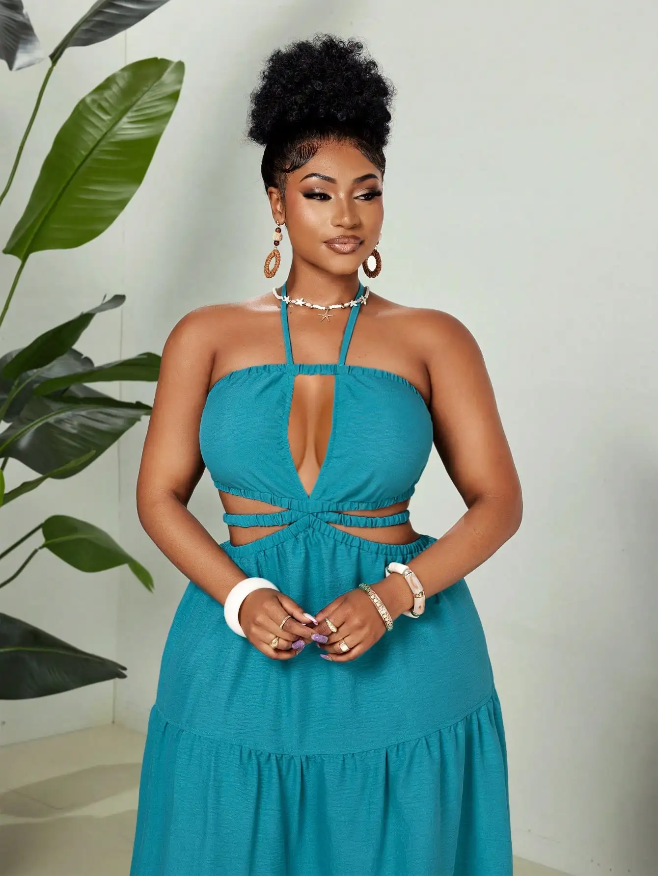 

Teal Halter Neck Cut-Out Tiered Maxi Dress with Ruffle Hem