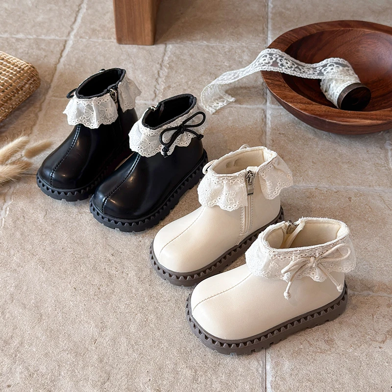 Girls Short Boots Autumn Winter Lace Bowknot Detail Non-Slip Thick Sole Simple Children's Shoes for Toddlers Kid's Shoes 21-33